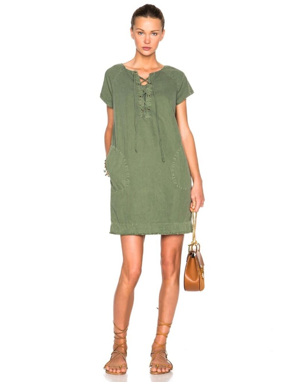 NILI LOTAN Green Cotton Linen Canvas Lace Up Mini Shift Dress, Size S